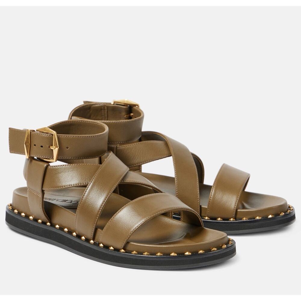 Jimmy Choo NIB Blaise Flat Sandal in Caper Green/Gold Size 36.5 MSRP $950
